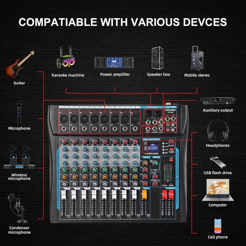 SIKUING 8 Channel Audio Mixer Sound Board Mixer 16 DSP Effect Audio Interfacer w/USB Drive for Computer Recording, 48V Power, XLR Microphone Jack DJ Mixer for Karaoke Studio Streaming Recording - Image 2